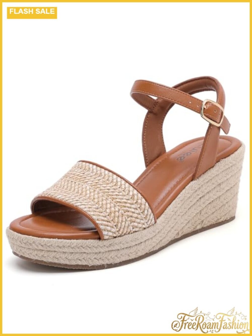 Women's Wide Width Wedge Sandals Faux Leather Ankle Strap Casual